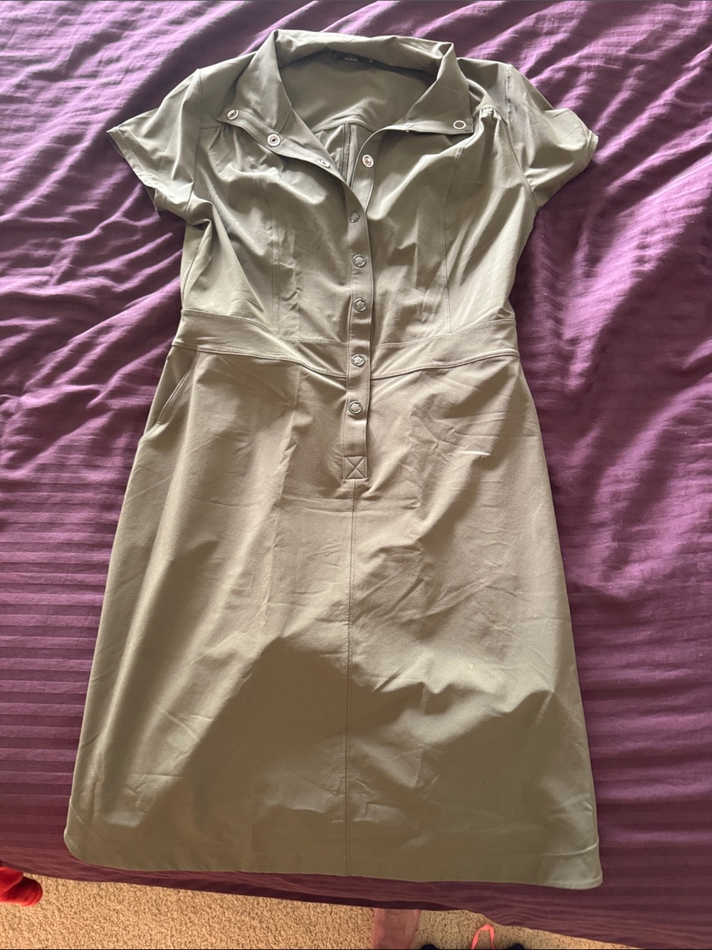 Prana Olive Short-Sleeve Button-Front Midi Dress